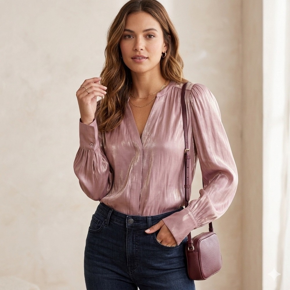 Evereve Metallic V-Neck Blouse Mauve Pink Shimmer Long Sleeve Top